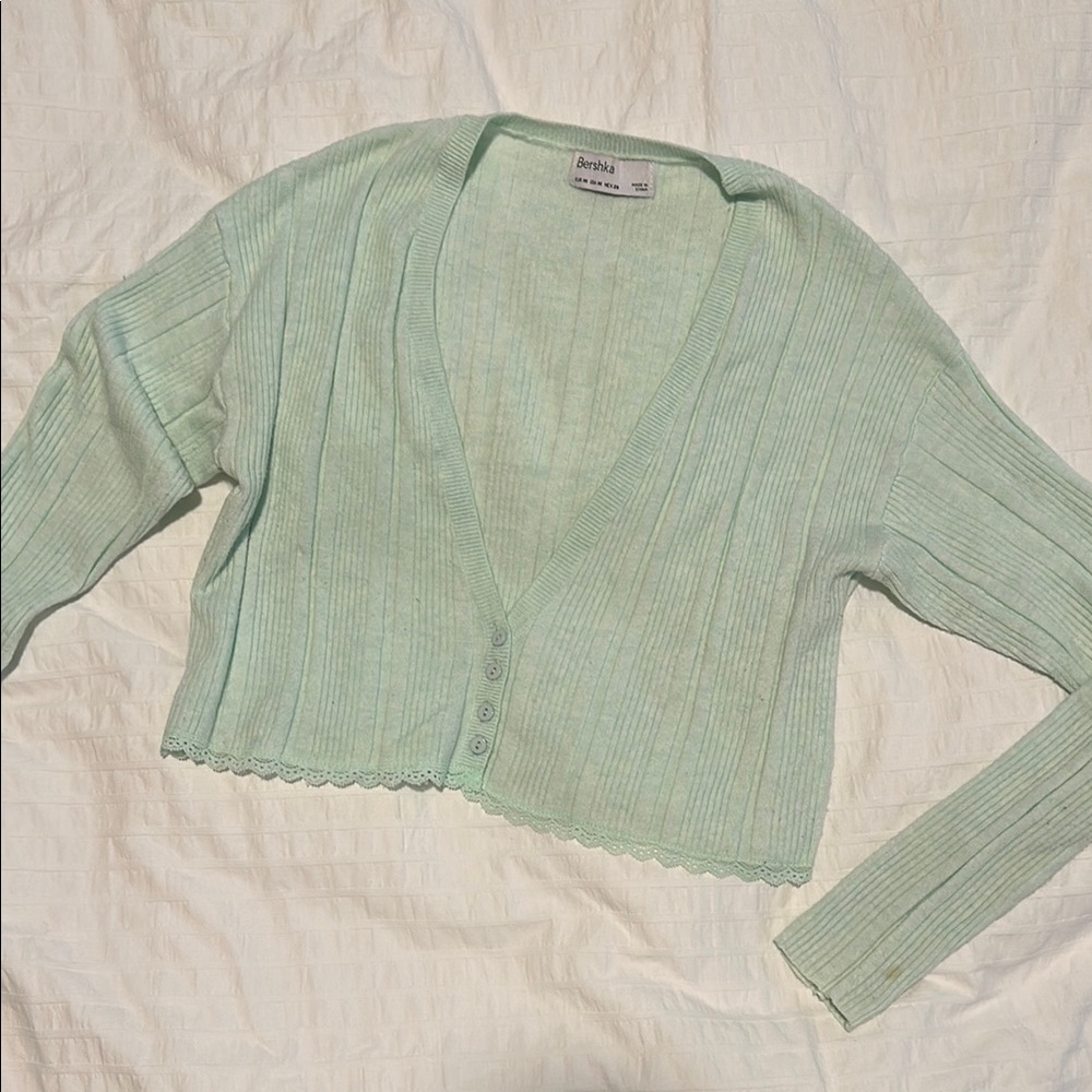 Bershka Green Cardigan Sweater Ribbed Knit